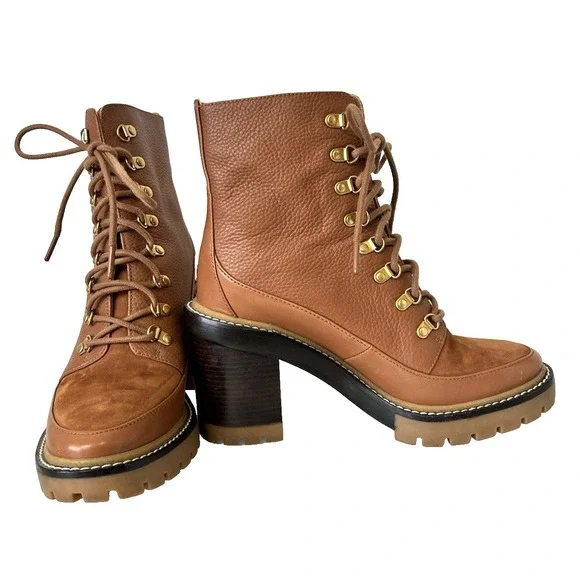 Tory Burch Leather Boot Womens Size 7.5 M Miller Tumbled Lug Cognac NWOB $500
